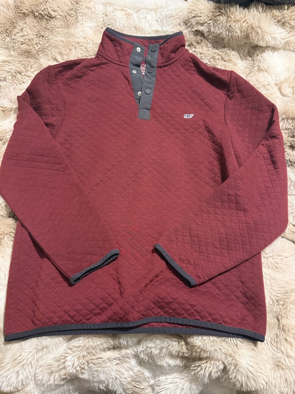 Vineyard Vines - Quilted Snap Mock Pullover - Maroon with Gray Trim - Medium